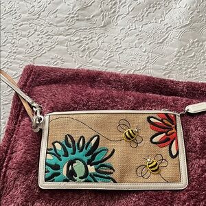 Coach Tan Floral and Bee Embroidered Wristlet